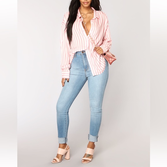 Fashion Nova | pink white strip long sleeve button up blouse top | Large | NWT - Picture 2 of 7